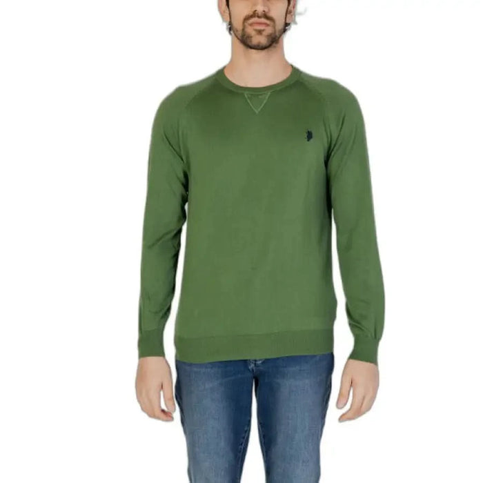 Green crewneck sweater with dark embroidered logo, U.S. Polo Assn. men’s knitwear