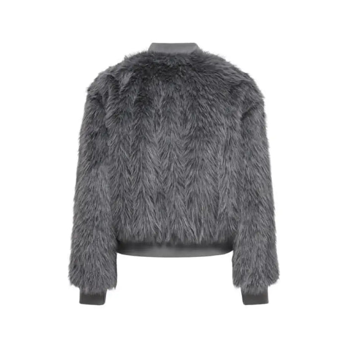 Grey faux fur bomber jacket with ribbed cuffs and hem by Only Women