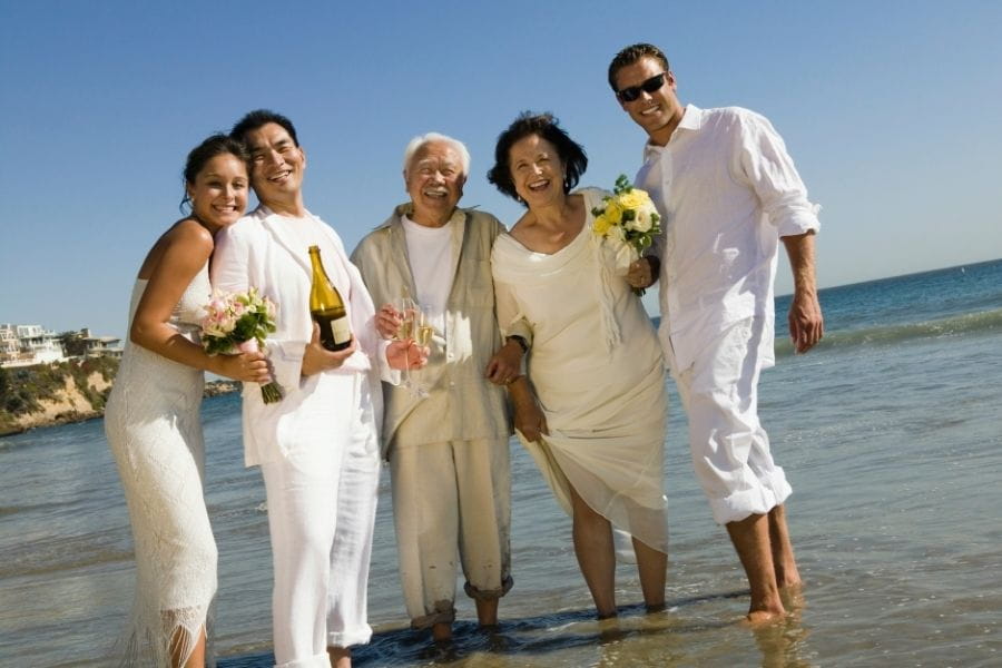 Group of five individuals in white attire posed on a beach for wedding style guide.