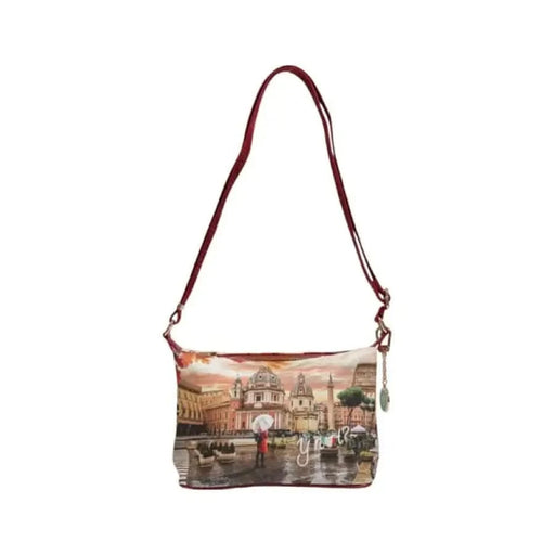 Handbag with cityscape print and red leather strap by Y Not Women Bag