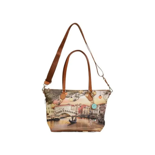 Handbag featuring a scenic Venice print and brown leather straps from Y Not? Women Bag