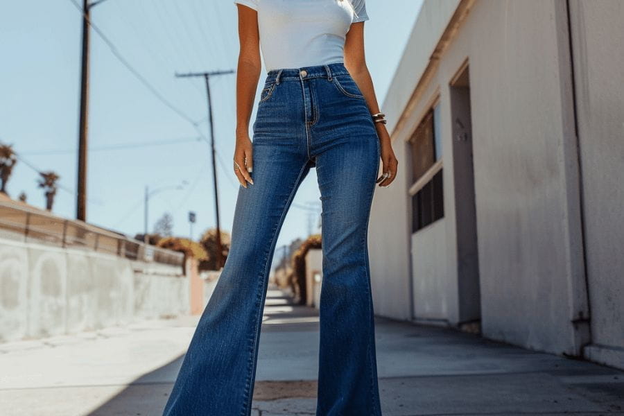 Blaue Jeans mit hoher Taille und ausgestelltem Bein als Teil eines stilvollen Urlaubsoutfits.