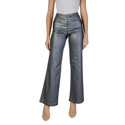 High-waisted metallic silver flared pants by Jacqueline De Yong for women