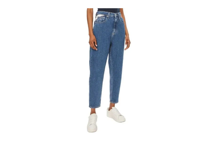 High-waisted tapered blue jeans for a relaxed fit in minimalist apparel and accessories.