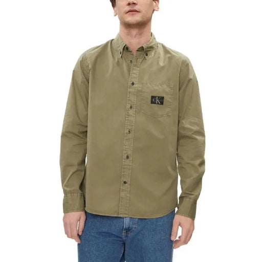 Khaki button-down shirt with CK logo patch on chest pocket - Calvin Klein Jeans Men Shirt