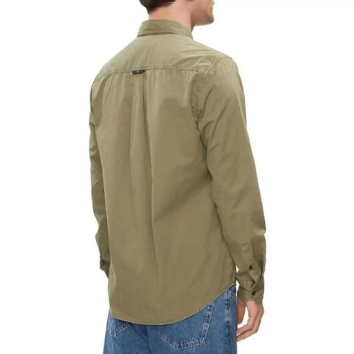 Khaki long-sleeved Calvin Klein Jeans Men Shirt with back pleat and button-up design