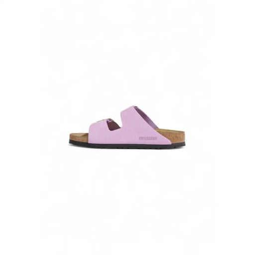 Lavender Birkenstock-style sandal with cork footbed and black sole for women