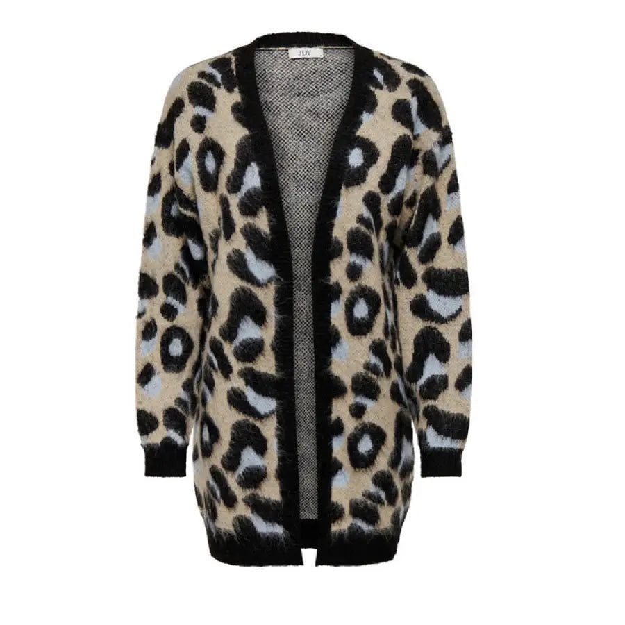Leopard-print cardigan sweater with black trim and open front by Jacqueline De Yong