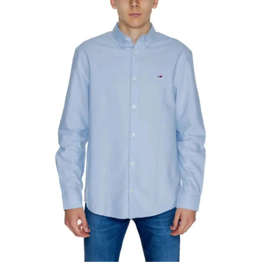 Light blue Tommy Hilfiger button-down dress shirt with chest logo for men