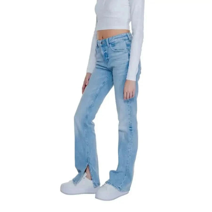 Guess Women Jeans: Light blue denim with split hem and flared leg style