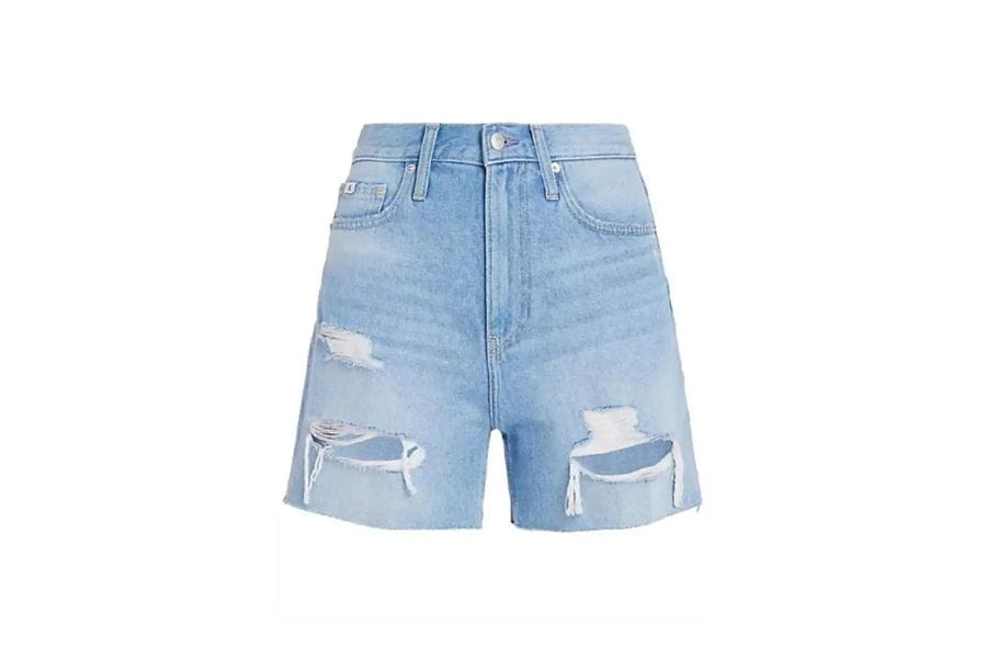 Light blue denim shorts with ripped details for stylish summer outfit ideas to shop.