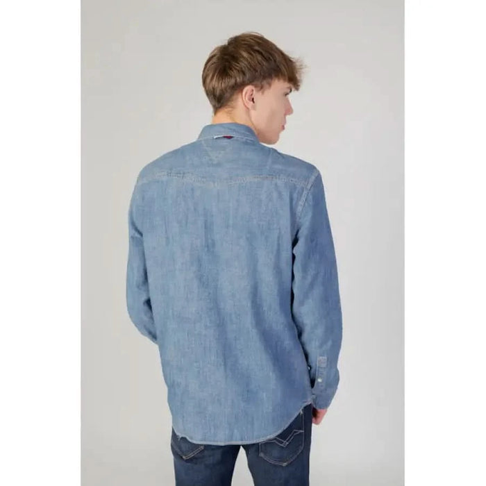 Light blue denim shirt worn by a person, Tommy Hilfiger Jeans Men Shirt, back view