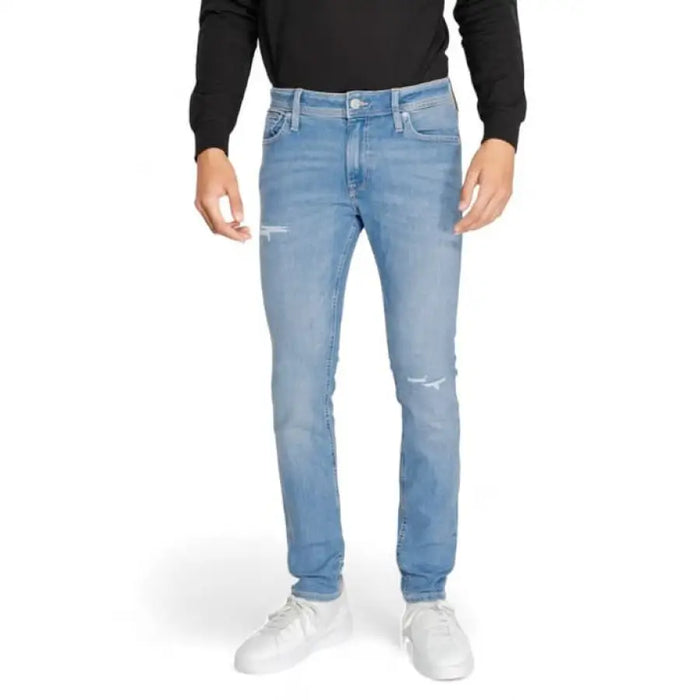 Light blue distressed slim fit denim jeans from Jack & Jones for men