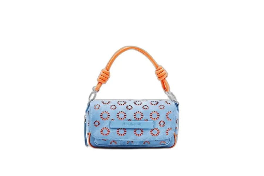 Light blue handbag with floral pattern and orange handle for summer outfit ideas to shop.