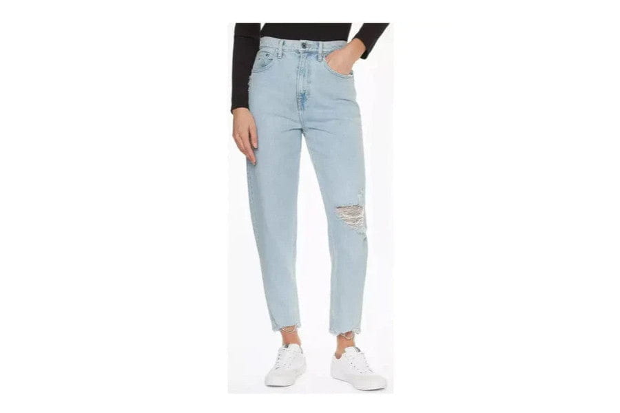 Light blue high-waisted jeans with knee rip, ideal for minimalist apparel and accessories.