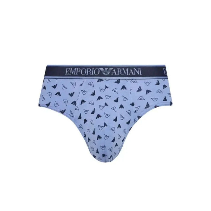 Light blue Emporio Armani men’s underwear briefs with a pattern and logo waistband