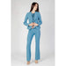 Light blue professional pantsuit featuring a fitted blazer and flared trousers