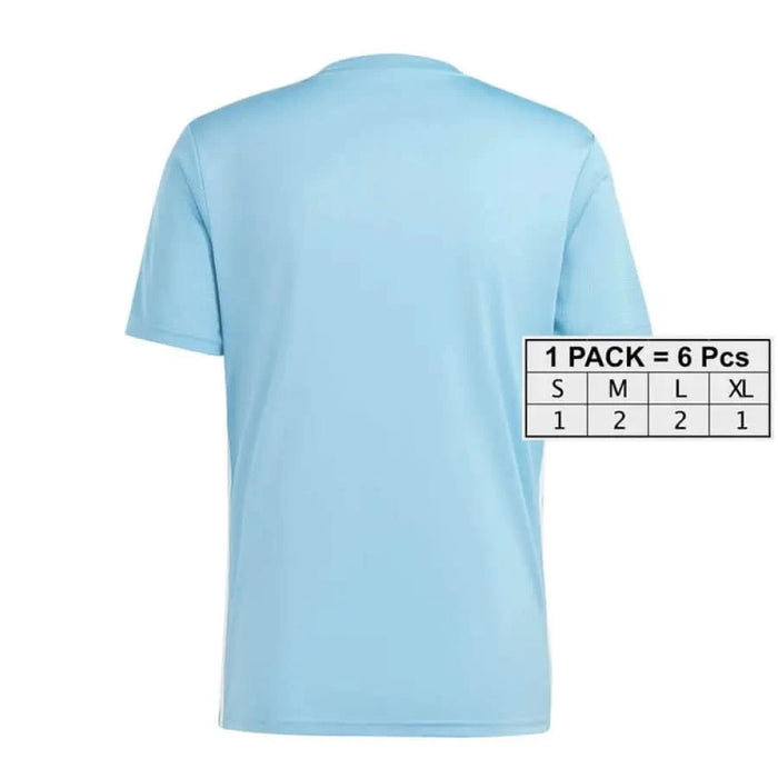 Light blue short-sleeved Adidas Men T-Shirt with sizing information displayed