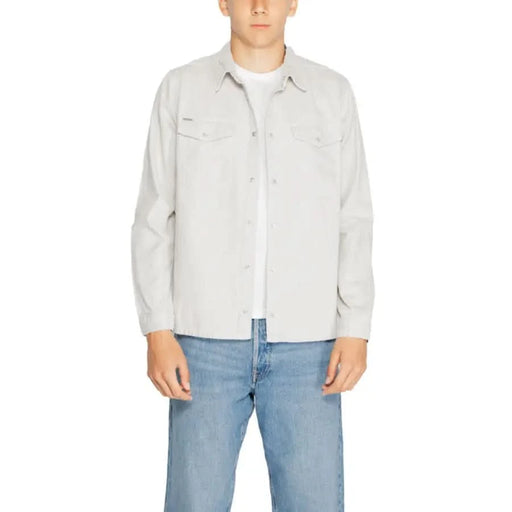 Antony Morato Men Shirt: Light gray button-up shirt over white t-shirt with blue jeans