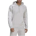 Light gray Adidas hooded sweatshirt with white stripes on sleeves for men