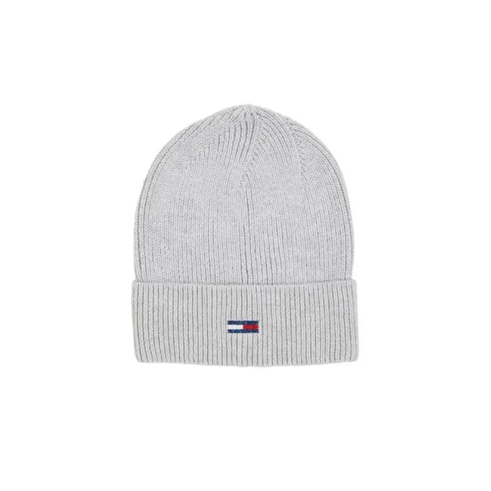 Light gray knit beanie with small flag logo on cuff, Tommy Hilfiger Jeans Women Cap