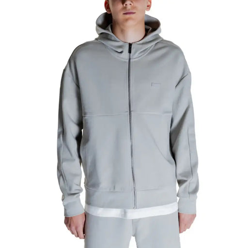 Calvin Klein Men Sweatshirts Light Gray Zip-Up Hoodie with Hood and Front Pockets