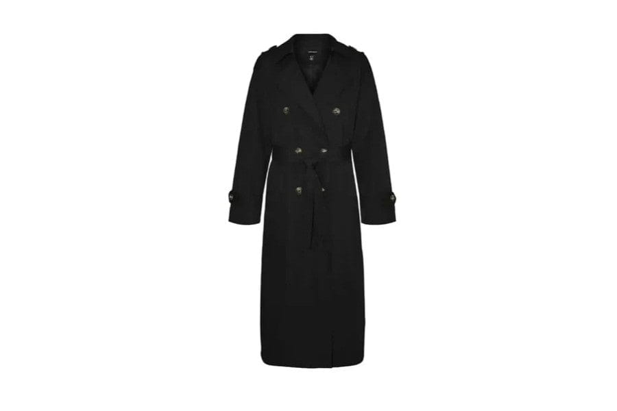 Long black double-breasted trench coat with belt, ideal for minimalist apparel and accessories.