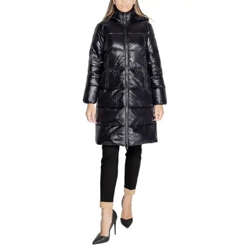 Long black shiny puffer coat with high collar by Armani Exchange for women