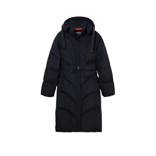 Long black winter coat with hood and belt from Desigual Women Jacket collection