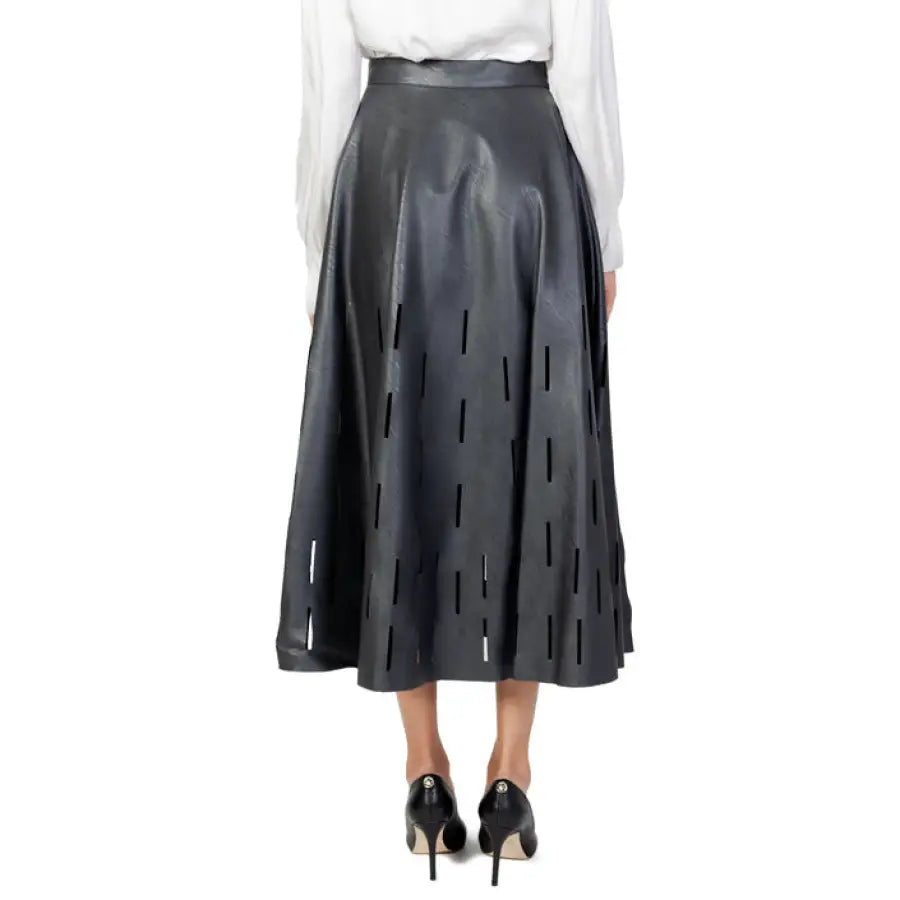 Sandro Ferrone dark gray leather skirt with vertical slit cutouts for women