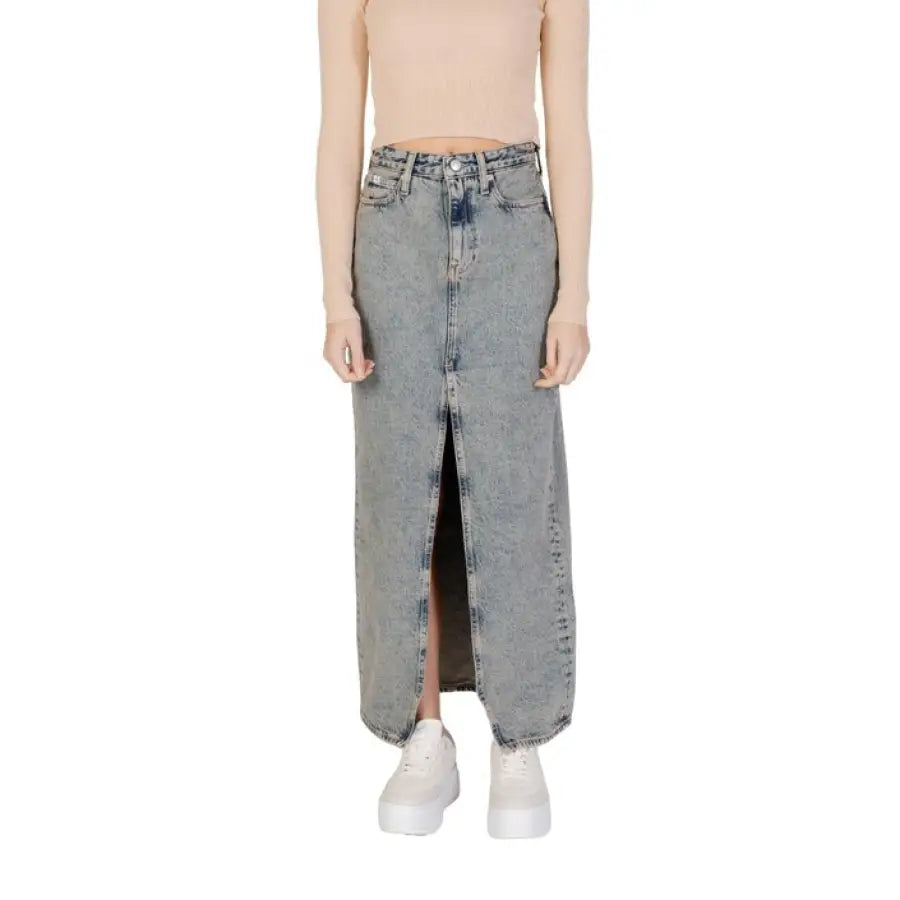Calvin Klein Jeans women’s long denim maxi skirt with a front slit