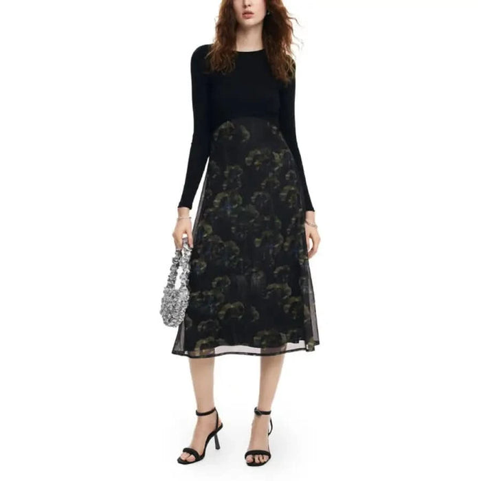 Long-sleeved black dress with floral skirt and silver handbag - Desigual Women Dress