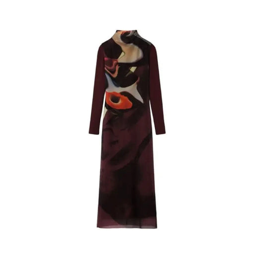 Long-sleeved burgundy dress with abstract orange, beige, and black geometric patterns