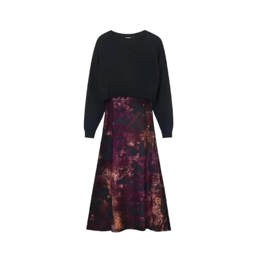 Long-sleeved Desigual dress featuring a black top and deep purple burgundy patterned skirt