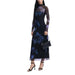 Long-sleeved mesh dress with black and blue floral pattern by Desigual, ankle-length hemline