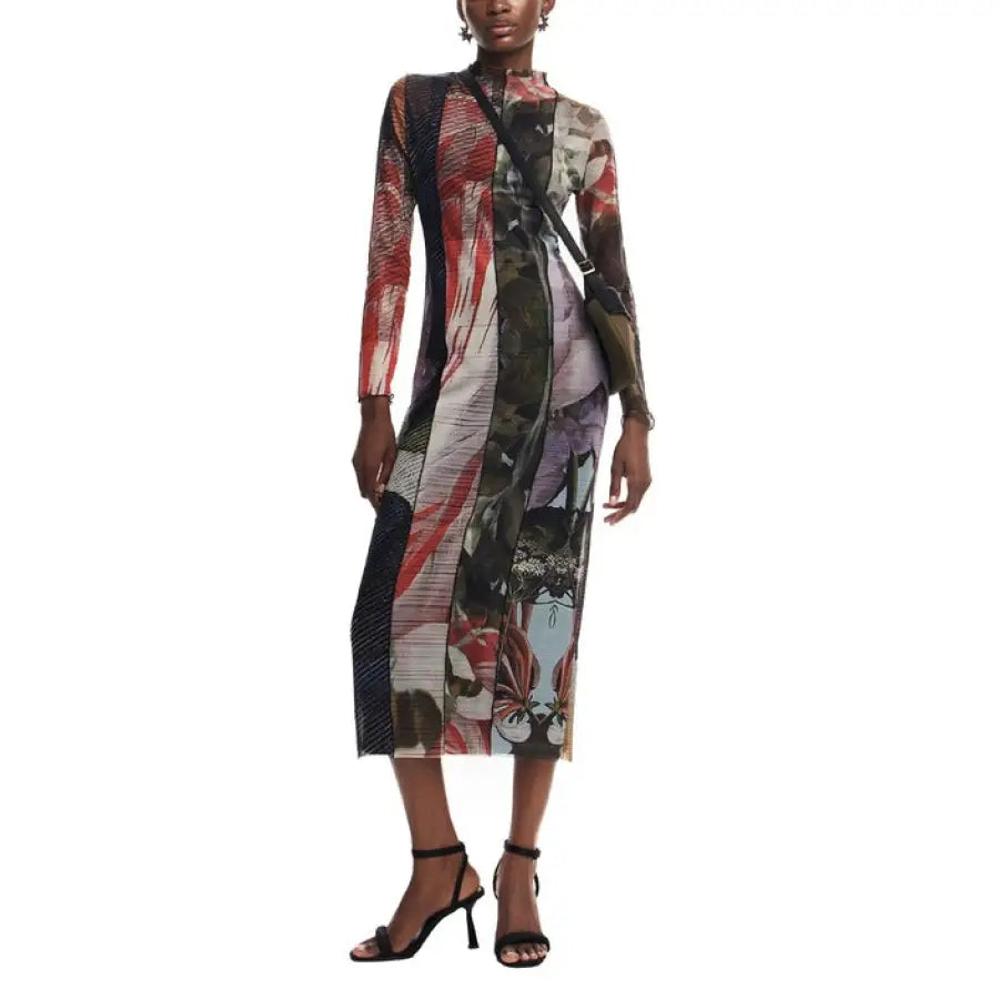 Desigual women’s long-sleeved, midi-length dress with an abstract multi-colored print pattern