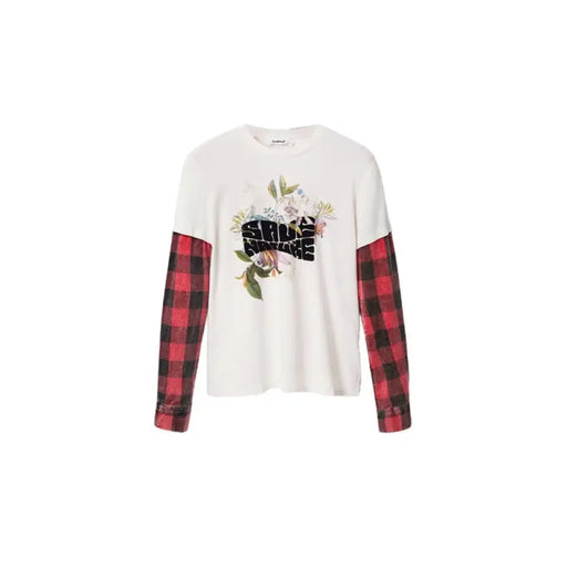 Long-sleeved Desigual women’s shirt with white body, red plaid sleeves, floral graphic