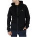 Lyle & Scott men sweatshirt in urban style clothing, man wearing black hoodie jacket