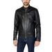 Man modeling Peuterey Men Jacket in black leather, showcasing Peuterey style.