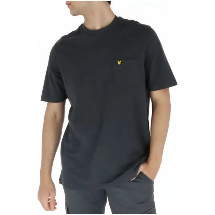 Lyle & Scott men’s t-shirt featuring a man in black with yellow logo on chest