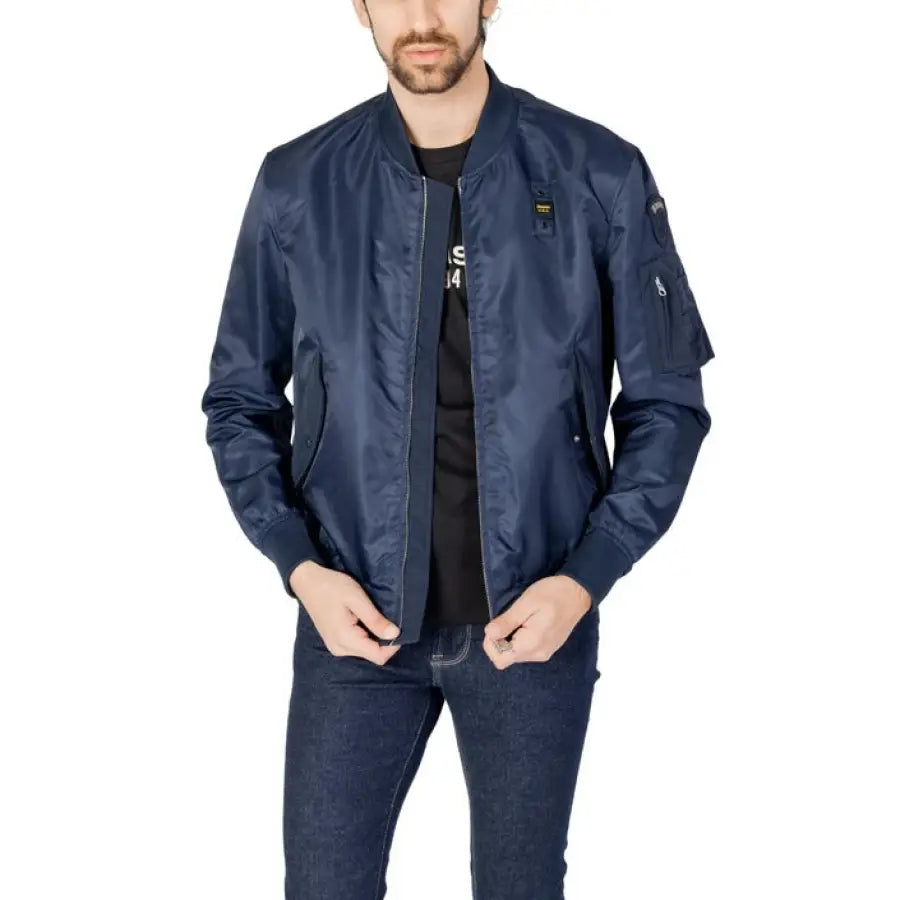 
                      
                        Man modeling Blauer men jacket, blue bomber style.
                      
                    