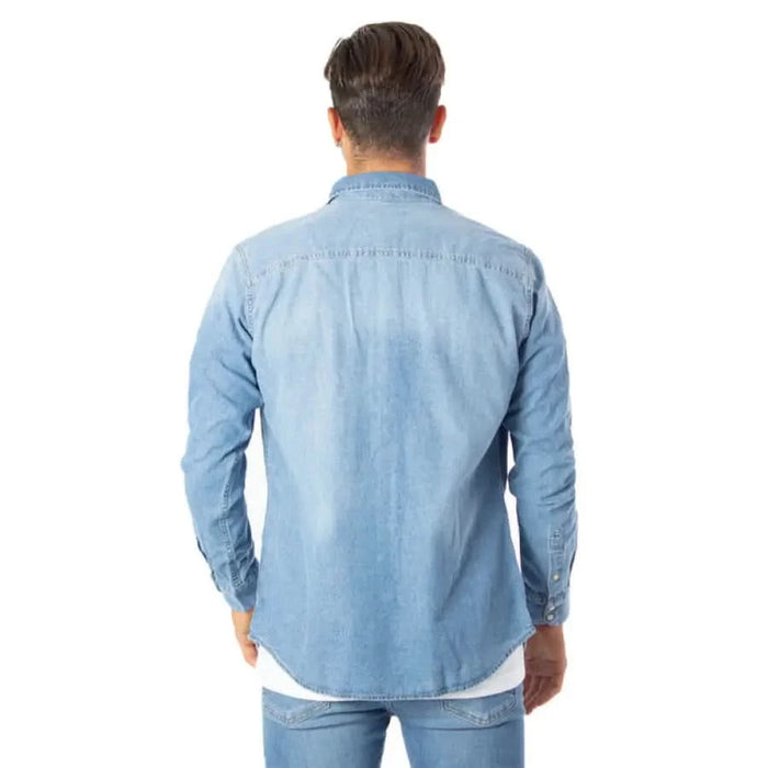 Man wearing Jack & Jones men shirt and jeans, denim outfit