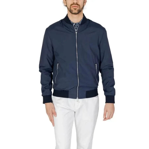 Man modeling Antony Morato men jacket in navy bomber style