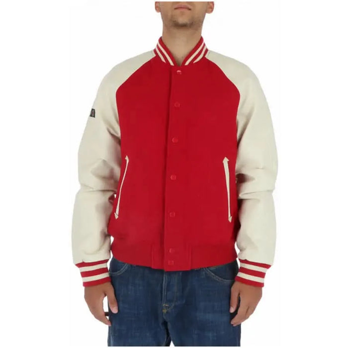 Man in Superdry men blazer, red and white varsity jacket for fall winter.