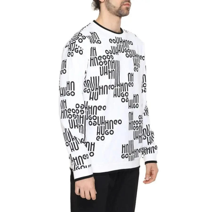 Man in white sweatshirt with ’Hugo’ black letters, Hugo - Hugo Men Sweatshirts collection