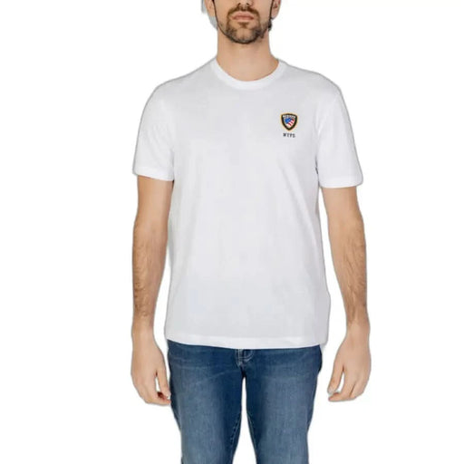 Blauer Blauer men t-shirt showcasing a man in white with chest badge