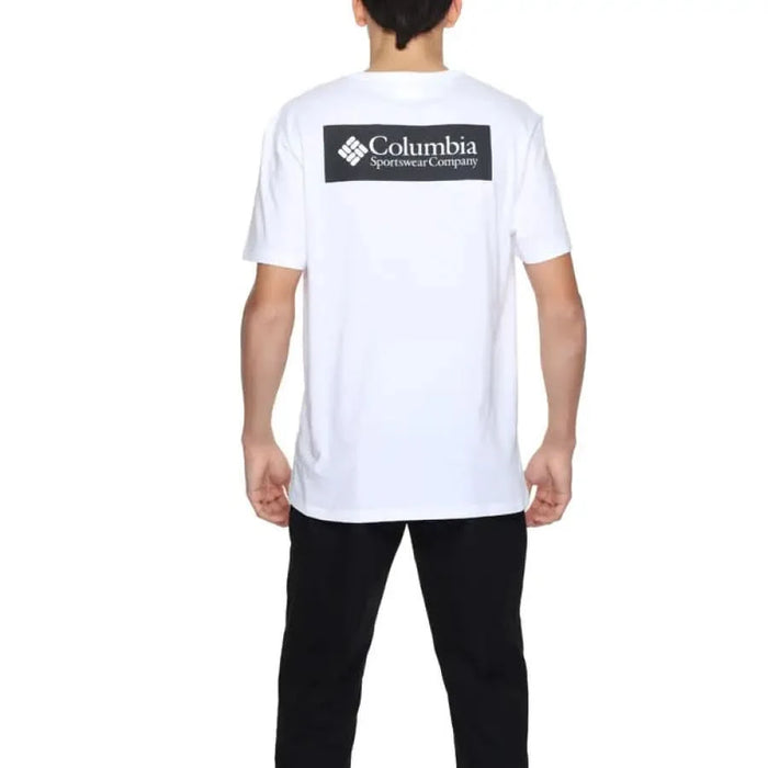 Man wearing white Columbia logo T-shirt, urban style clothing - Columbia Men T-Shirt