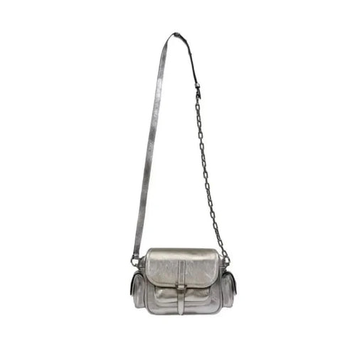 Metallic silver crossbody handbag with flap closure and chain strap by Coccinelle