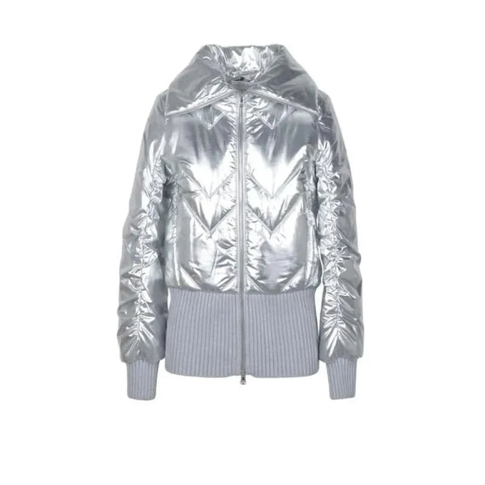 Metallic silver puffer jacket with ribbed knit waistband and hood by Patrizia Pepe