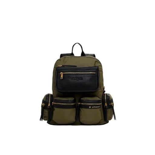 Military-style olive green and black backpack with multiple pockets by Desigual